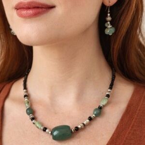 Natural Green Stone & Black Glass Bead Necklace Earrings Set